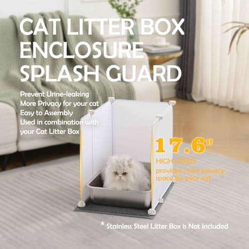 Cat Litter Box Enclosure Splash Guard Small 20.5L × 14W x 18H inch, Light Weight Plastic Sheets with Cat Litter Mat Easy Clean (White)