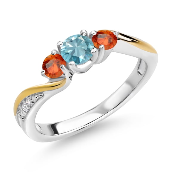 Gem Stone King 925 Silver and 10K Yellow Gold Blue Zircon Orange Sapphire and White Lab Grown Diamond 3 Stone Engagement Ring for Women (0.85 Cttw, December Birthstone, Size 8)