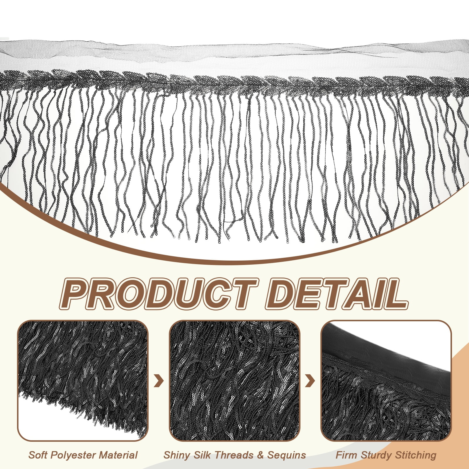 Uxcell 10 Yards 10 Inch Shiny Sequined Tinsel Fringe Trim, Sparkling Spangle Curtain Fringe Paillette Lace Fabric Streamer for DIY Latin Dance Costume Clothing Birthday, Black