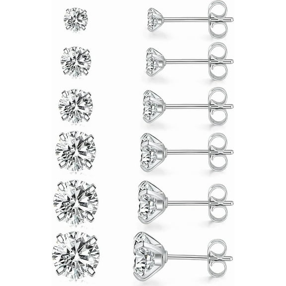 6 Pairs Stud Best Earrings Set for Women 316 Surgical Stainless Steel Round Cubic Zirconia Earring CZ Multipack Ear Piercing Hypoallergenic Jewelry suitable for Men[m642]