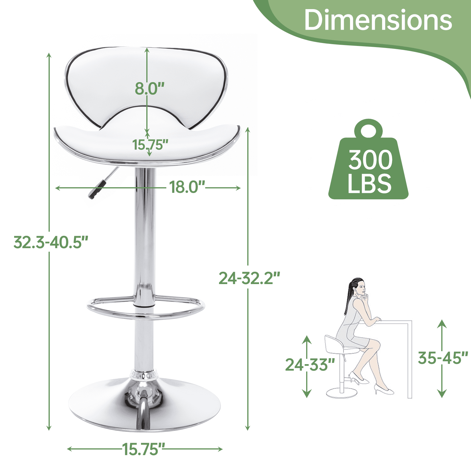 Bar Stools Set of 2, PU Leather Adjustable Swivel Bar Chairs for Kitchen Counter Island, Modern Armless Shell-Shaped Counter Height Stools for Dining Room Café Pub (White)