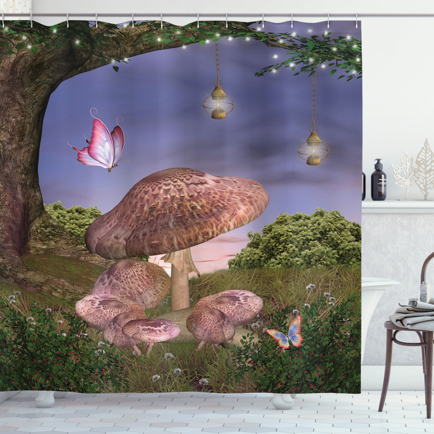 Vibrant Neon Magic Mushroom Graphic Enchanted Forest Theme Shower Curtain Set 
