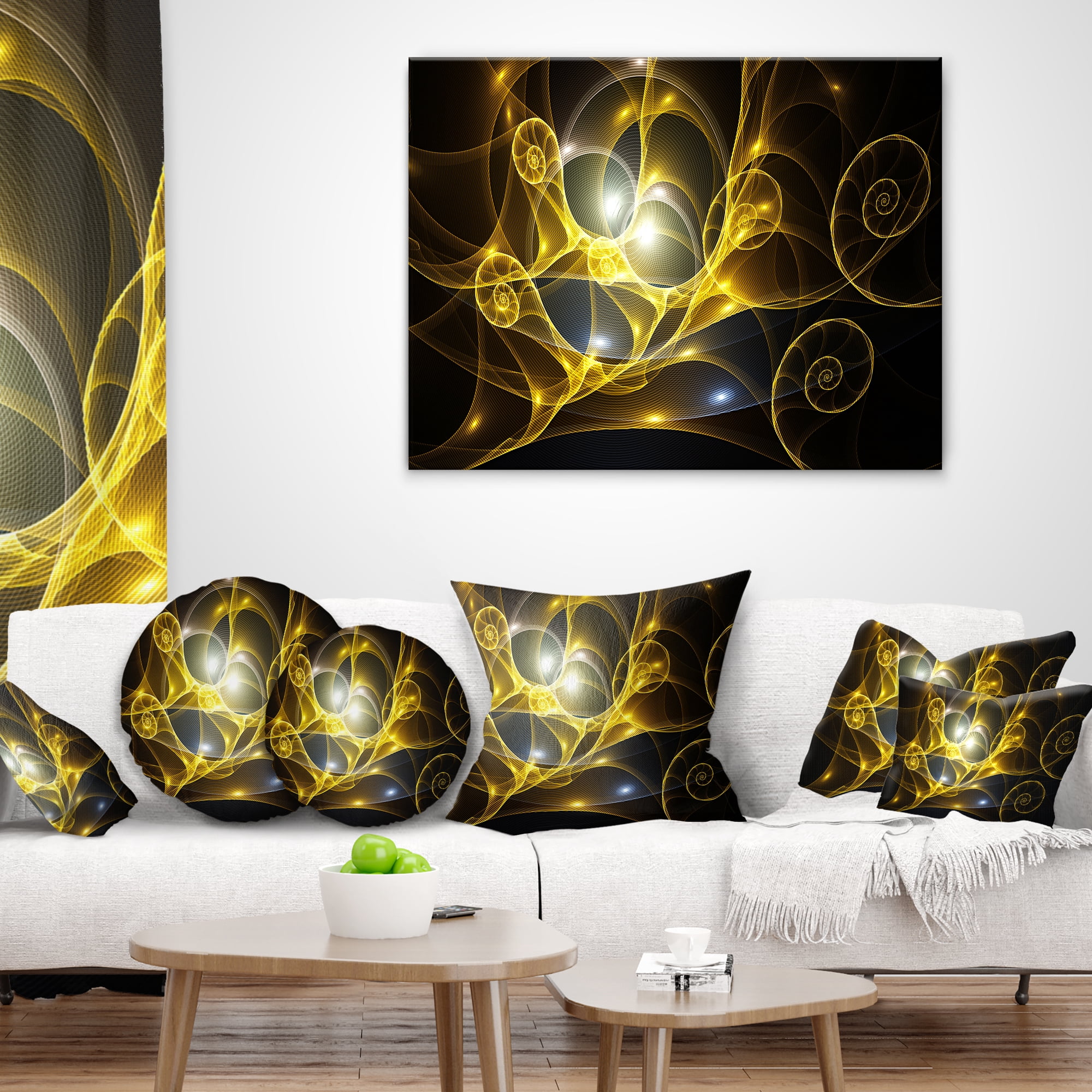 Designart Golden Curly Spiral on Black - Abstract Throw Pillow - 16x16