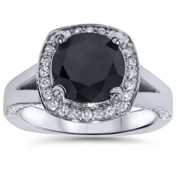 Pompeii 3 5/8 Ct Black Diamond Halo Split Shank Engagement Ring 14K White Gold (H/I,I1-I2)