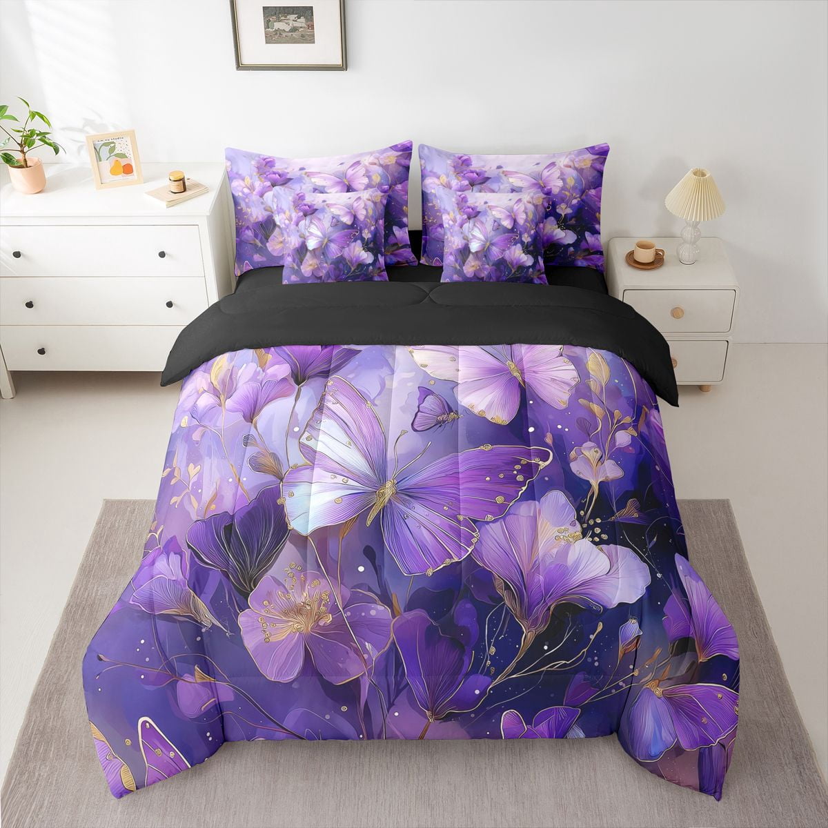 Homewish Floral Butterflies Girl 7-Piece Twin Bedding Sets,Gradient Purple Bedding Comforter Set,Dreamy Princess Breathable Sheet Sets,Microfiber Bedroom Decor,Reversible