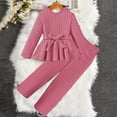 thumbnail image 4 of CPNG Girls Clothes Rib-Knit Outfit Ruffle Sleeve Shirt with Belt 3Pcs Straight Wide Leg Pant Set Teen Girls Fashionable Casual Dress Set(Hot Pink,10-11 Years), 4 of 5