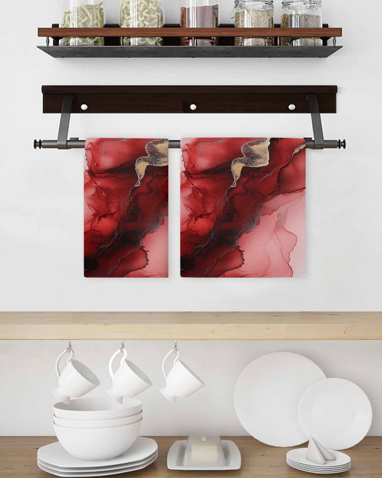 Red Marble Kitchen Dish Towels for Drying Dishes Set of 2, Modern Ombre Abstract Ink Painting Art Waffle Weave Microfiber Hand Tea Bathroom Towels Quick Dry & Absorbent Towel 15.7x23.6