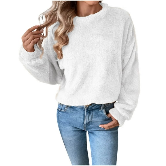 Kaemgyyd Fuzzy Fleece Tops for Women Cozy Winter Warm Sherpa Pullover Casual Solid Color Long Sleeve Fashion Tops