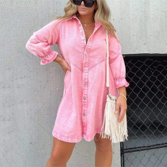 Qulqfy Denim Women Dress Tshirt Mini 3/4 Sleeve Pink Plus Size Collared Button Dresses Womens Fall Dresses 2025 L