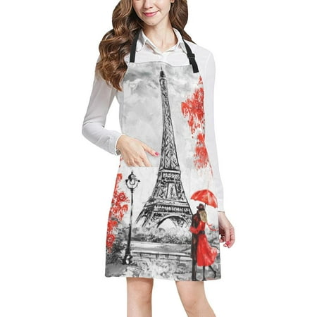 

ASHLEIGH Elegant Paris Eiffel Tower Couple Red Umbrella Trees Adjustable Bib Apron with Pockets Commercial Restaurant and Home Kitchen Apron for Women Men
