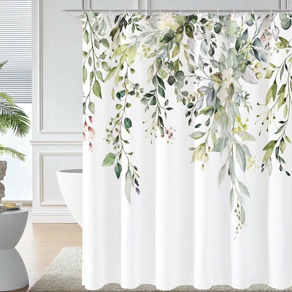 Sage Green Watercolor Eucalyptus Leaf Fabric Shower Curtain, 72"W x 72"L