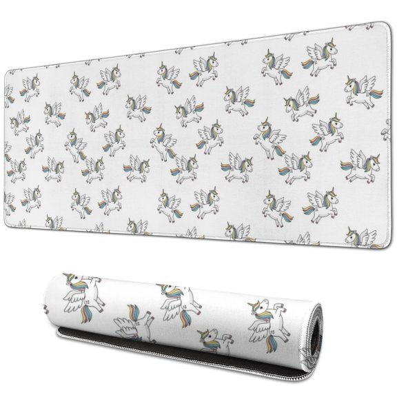 Long Mouse Pads for Desk,White Cartoon Winged Unicorn Pattern Desk Mats on Top Of Desks, Desk Mouse Pad Extra Large with 3mm Non-Slip Base and Stitched Edge for Gaming,Office,Work,Home 31.5"x11.8"