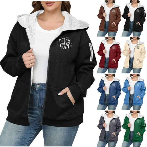 Aboser Yes,I'm Still Cold Winter Sherpa Hoodies for Women Plus Size Warm Fleece Jackets Full Zip Up Hooded Sweatshirts Loose Long Sleeve Hoodie Coats with Pockets Blue L