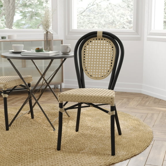 Merrick Lane Stacking Thonet Bistro Style Chair, Natural PE Cane Rattan Seat, and Black Metal Frame for Indoor/Outdoor Use