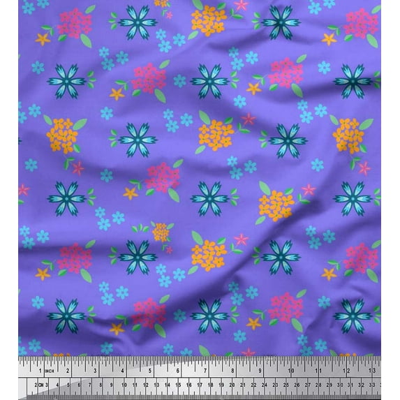 Soimoi polyester Crepe Fabric Leaves & Wild Flower Floral Fabric Prints By Yard 52 Inch Wide
