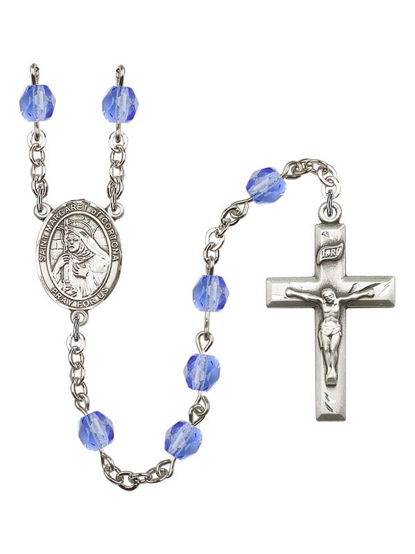 18-Inch Rhodium Plated Necklace with 4mm Light Amethyst Birthstone Beads and Sterling Silver Saint Margaret of Cortona Charm. 