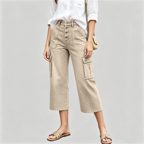 Usloyux Women's Wide Leg Capri Pants High Waisted with Pockets Casual Solid Streetwear Cargo Trousers for Summer Vacation Beach, Khaki 2XL