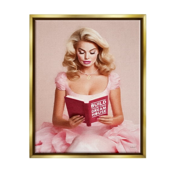 Stupell Industries Girl in Pink Reading Literature & Flim Painting Gold Floater Framed Canvas Art Print Wall Art, 25 x 31