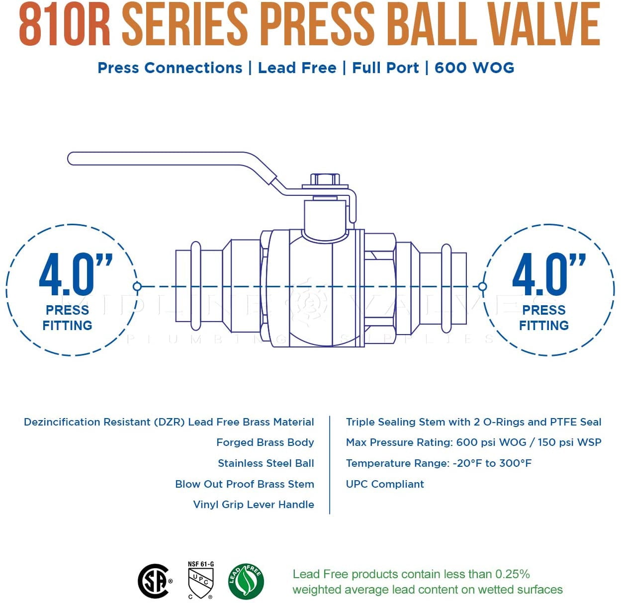 Midline 932004VLV-5 Premium Press Ball Valve, with 4 in. Press Connections, Brass (Pack of 5)