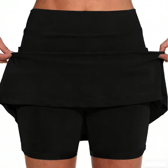 FASHOFT Tennis Skirt For Women Solid Color Elastic Waist Double Layer Skort With Outer Pockets Casual For Gym And Daily Use Womens Athletic Skirts Black