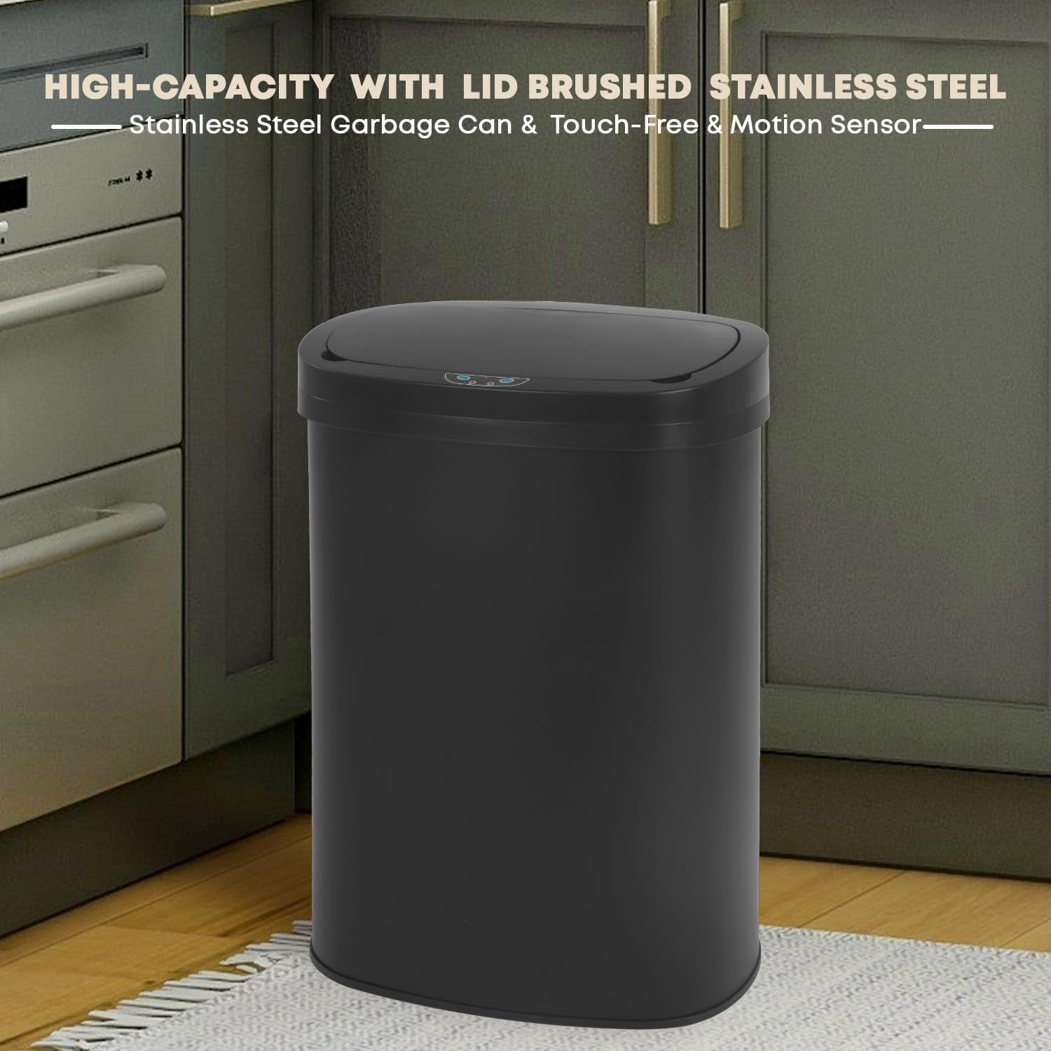 YRLLENSDAN Kitchen Tall Trash Can 13 Gallon Size Touchless Trash Can Motion Sensor Trash Can with Lid Odor-free Automatic Garbage Can 13 Gallon Waterproof Stainless Steel Trash Bin, Black