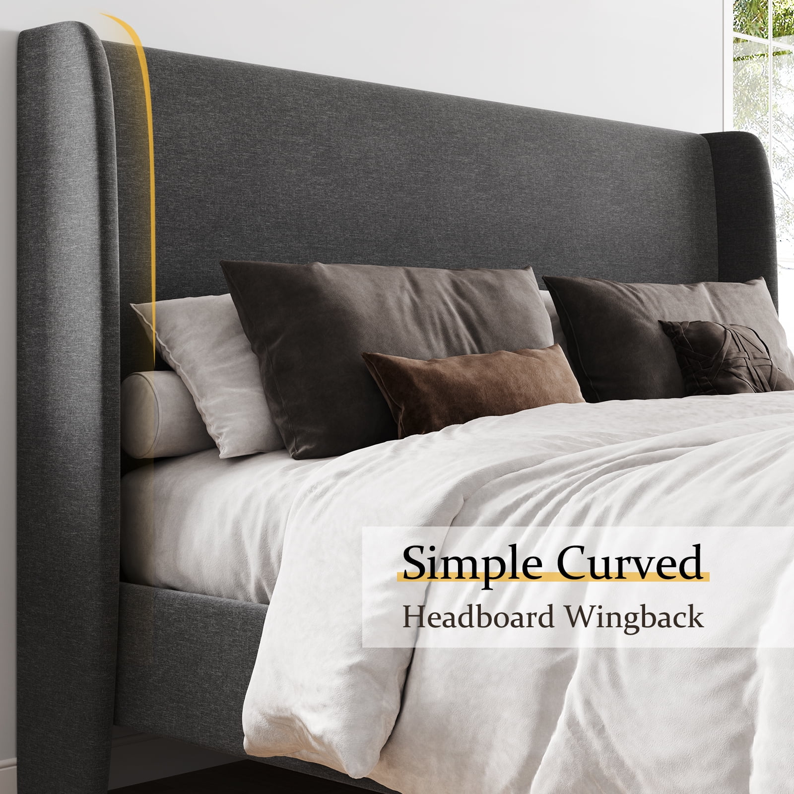 Merluxy 51.2" King Bed Frame with High Headboard,Upholstered Bed,Dark Grey