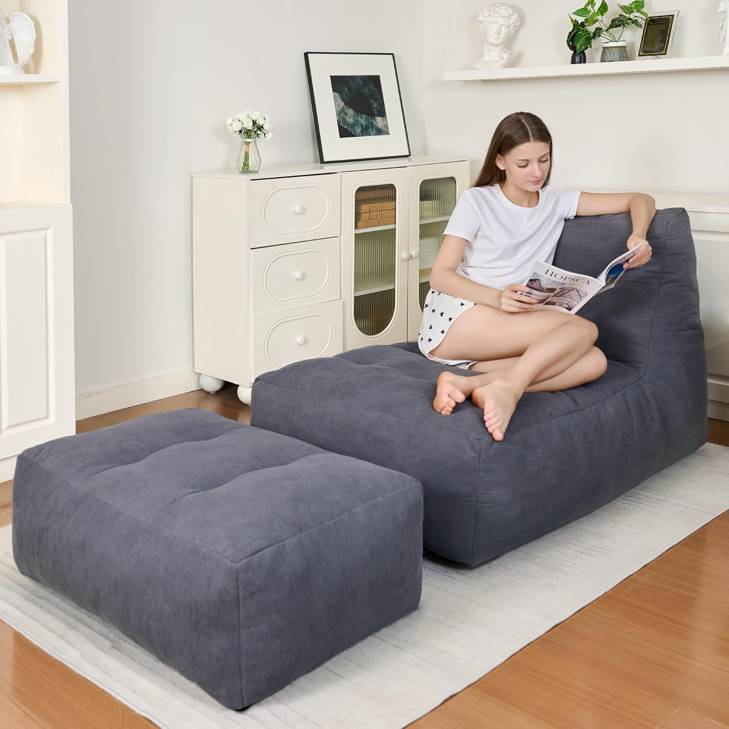 Bean Bag Chair with Ottoman, Giant Bean Bag Chairs for Adults with Memory Foam,  Bean Bag Sofa for Bedroom, Lounge Beanbag of Reading and Gaming with Filler Included(Gray)