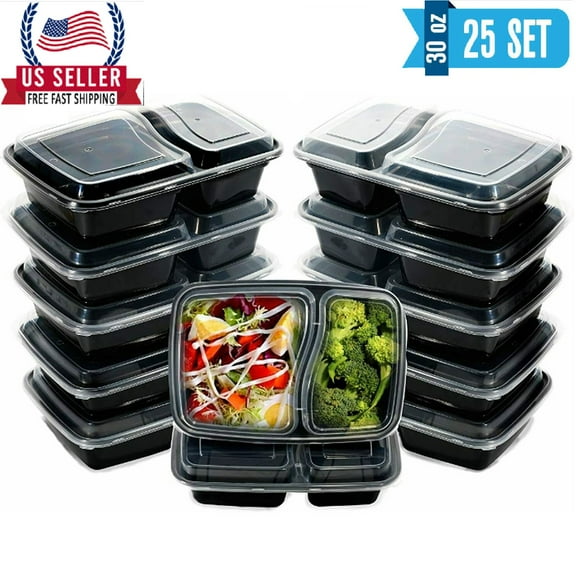 50pcs 30oz Meal Prep Containers 2 Compartment with Lids Food Storage 25 set