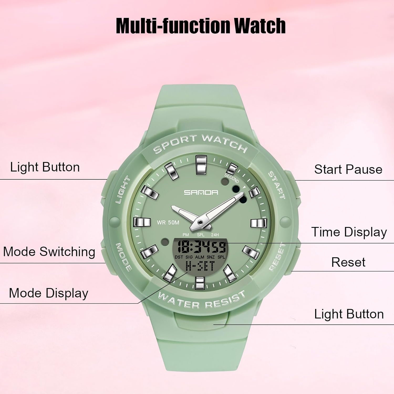 Electronic Wristwatch Digital Analog Quartz Watches Ladies Simple Resin 50M Waterproof Watch Multifunctional Military for Women