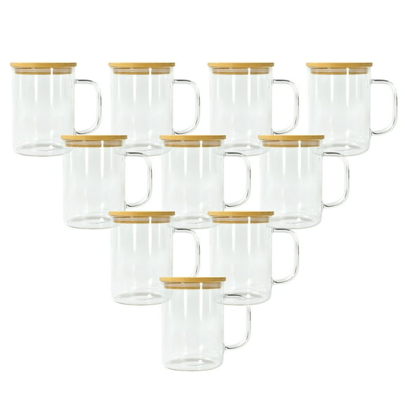10 Pack 17oz Clear Sublimation Glass Cups with Bamboo Lids and Handles, Blank Glass Coffee Mugs for Heat Press Printing