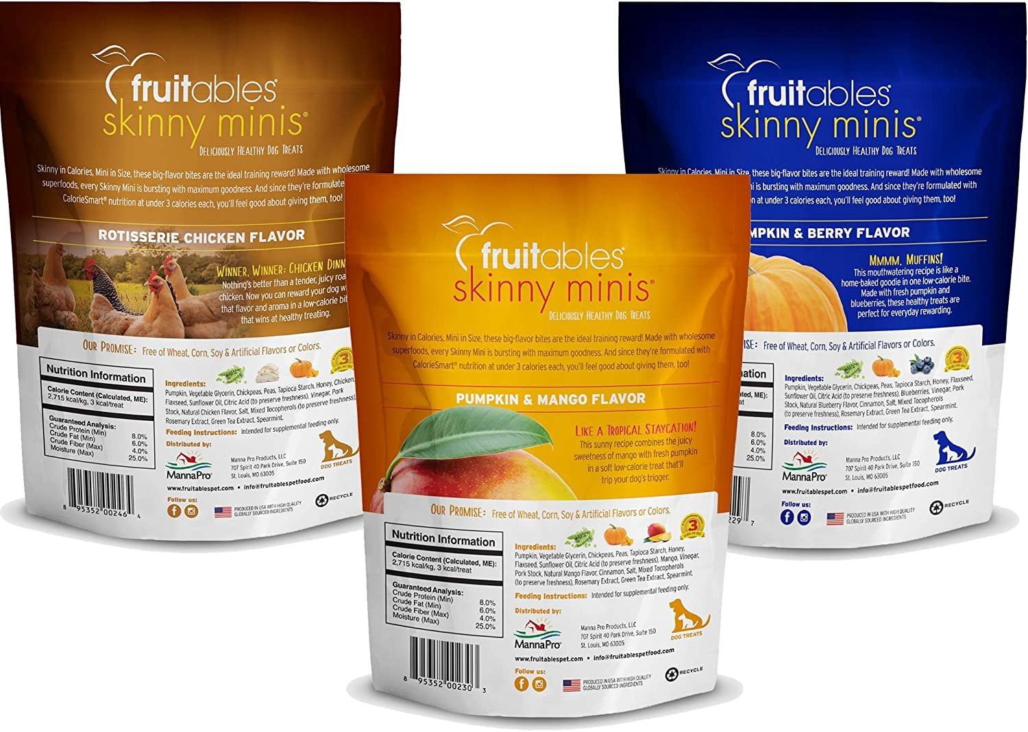 Fruitables Soft and Chewy Skinny Minis Grain Free Dog Training Treats Variety Pack of 6-1 of Each Flavor C25