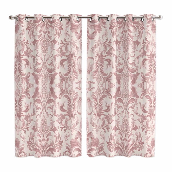 Pink Baroque Kitchen Curtains 63 Inch Length, Farmhouse Scroll Floral Damask Patterned Grommet Top Bedroom Living Room Curtains, Light Filtering Cafe Curtain Drapes 2 Panels Set 84''x63''