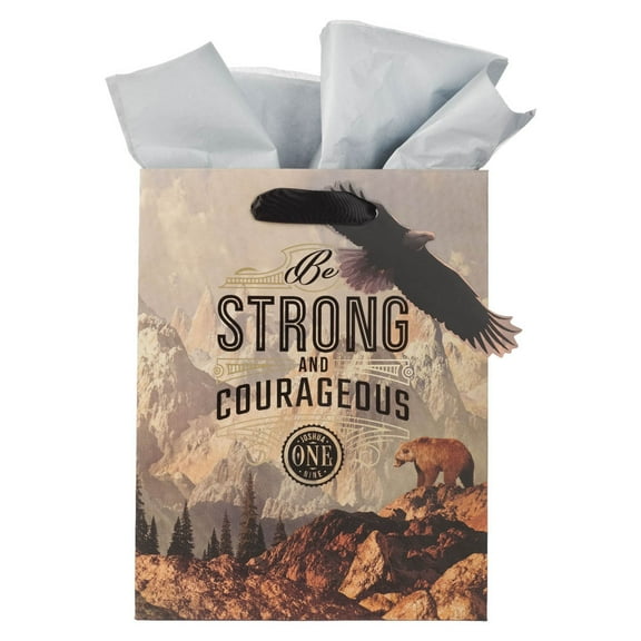 Christian Art Gifts Medium Portrait Inspirational Scripture Gift Bag, Tag & Wrapping Tissue Paper Set, Men & Women: Strong & Courageous Bible Verse Scenic Mountain Eagle Design, Satin Ribbon Handles
