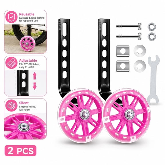 Reusable 12-20" Adjustable Flashing Silent Training Wheels, pink