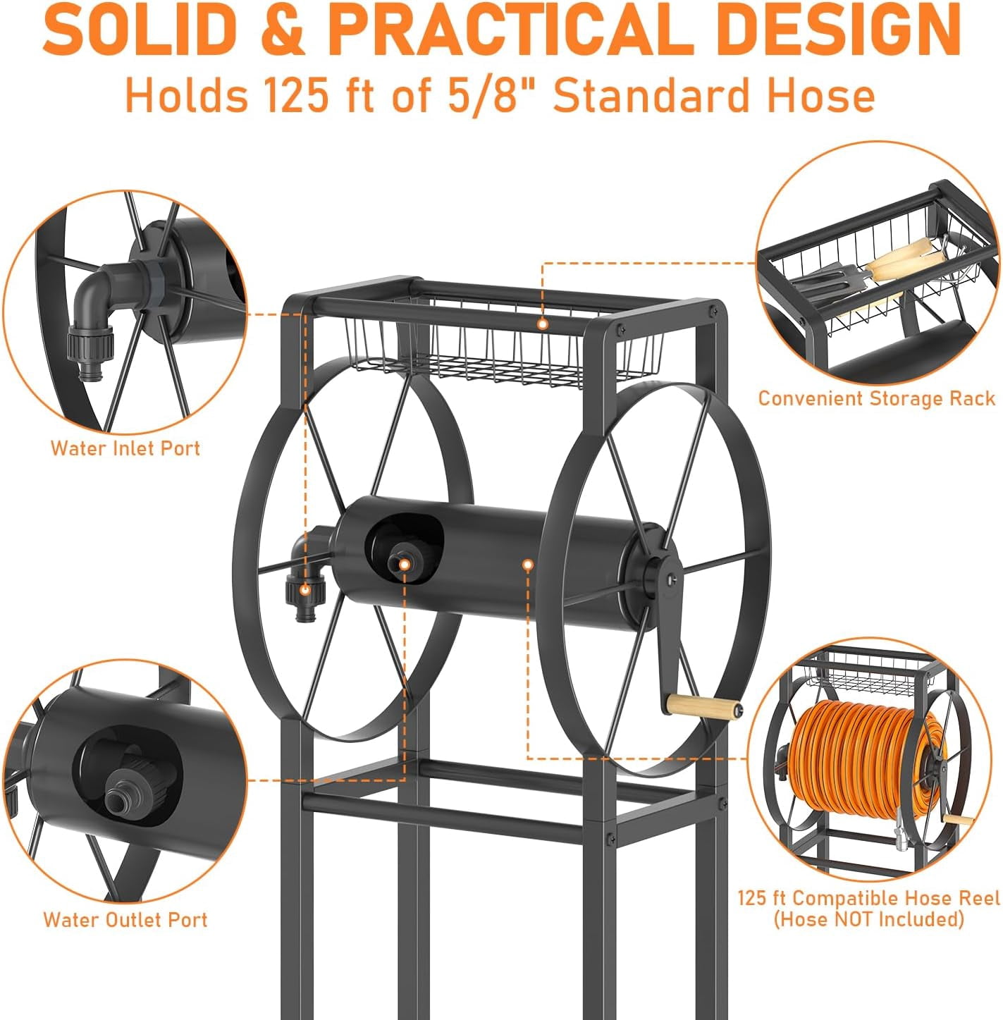 Garden Hose Reel Stand with Storage Rack - 125ft 5/8” Water Hose Organizer Holder, 4 Ground Spikes & Hooks, 3.9ft Leader Hose Brass Fitting, Detachable Metal Frame, Black