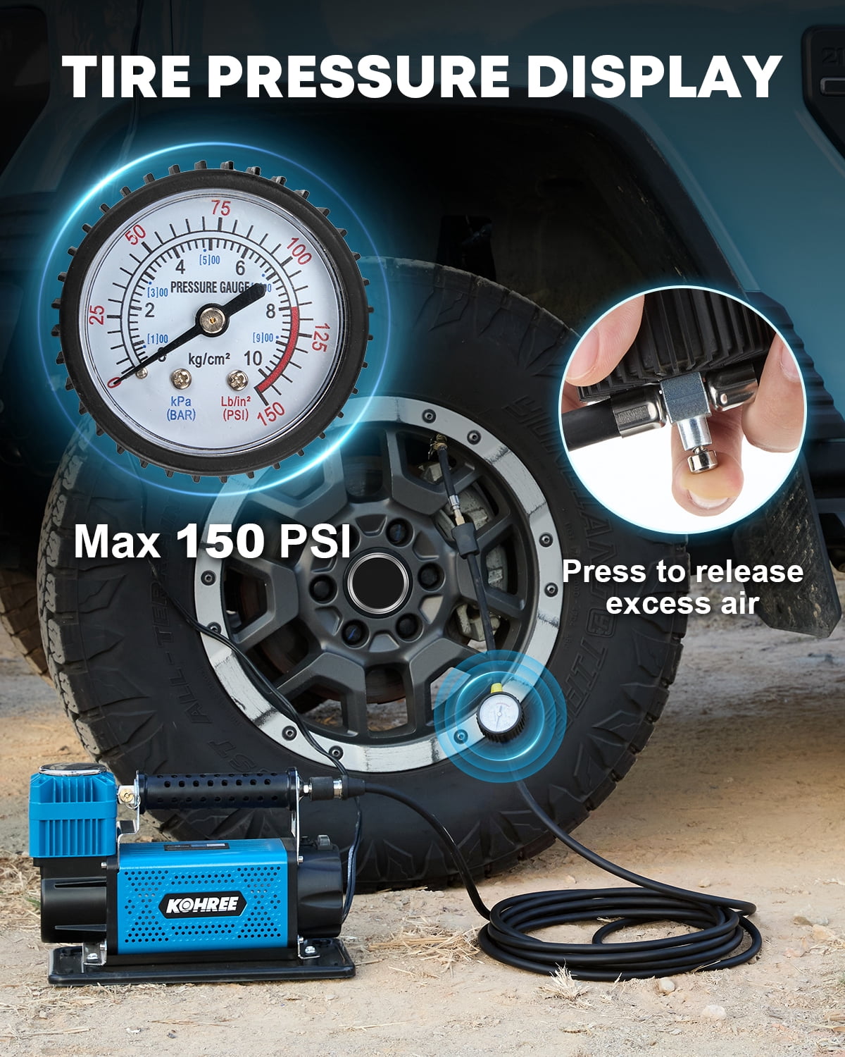 Kohree 12V Air Compressor Offroad, Heavy-Duty Truck Tire Inflator,Portable Air Pump 150 Psi Fast Inflation for Off-road Vehicle,4x4 Vehicle,Truck,SUV,RV,ATV