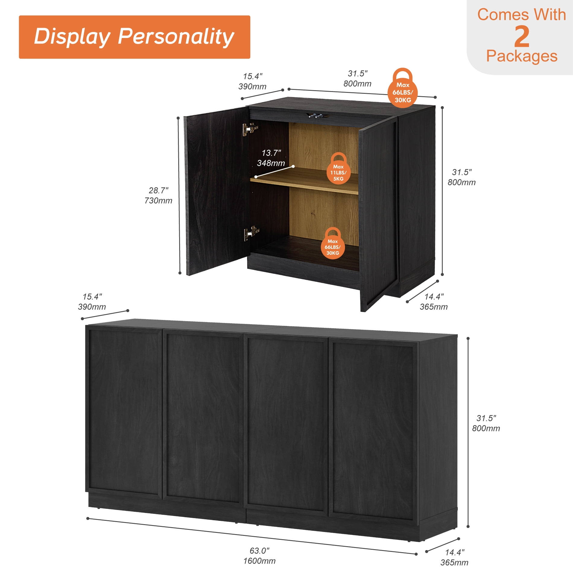 WAMPAT Modern TV Stand for TVs Up to 70", 2-in-1 Entertainment Center TV Console with 4 Doors and Adjustable Shelf, Wooden Media Console Cabinet for Living Room, Bedroom, Black