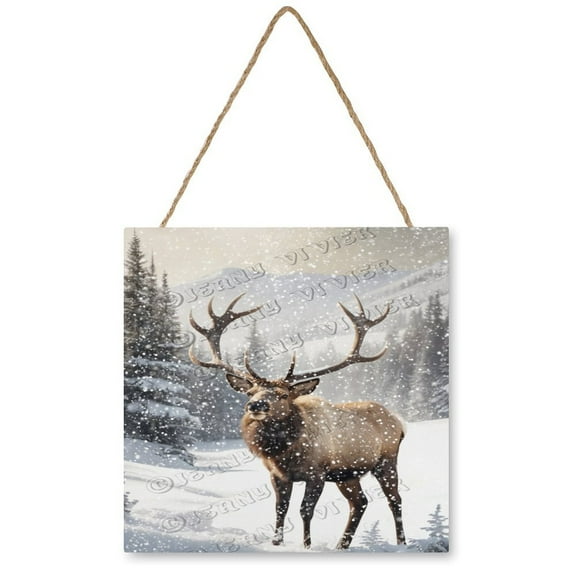 12x12 inches Square Rustic Wood Sign - Winter Moose Christmas Decor, Great for Home or Office, Gift for Women and Boys Celebrating Birthdays or Seasonal Events