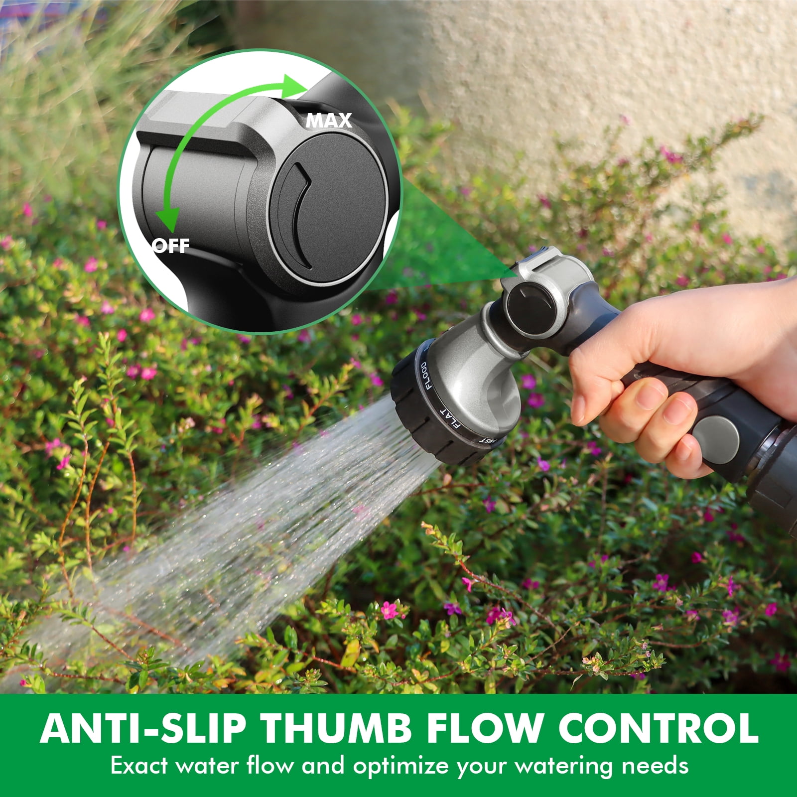 Restmo Ergonomic Heavy-Duty Garden Hose Nozzle, Soft TPU Rubber, 7 Watering Patterns, Thumb Control, High Pressure Sprayer