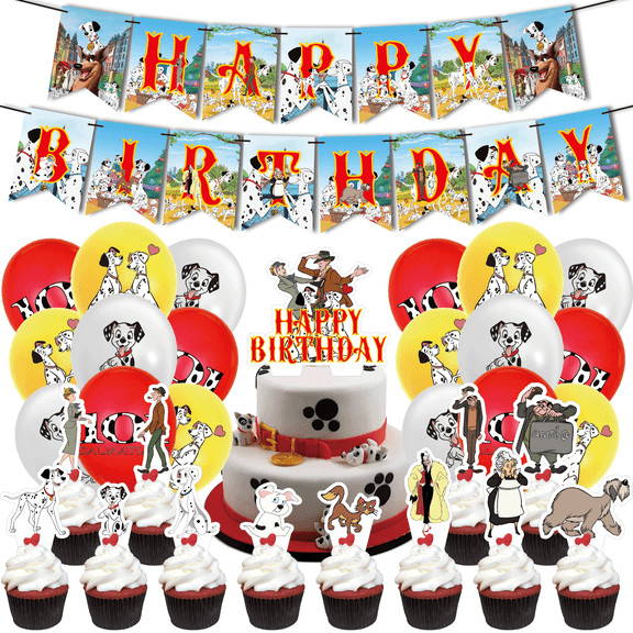 32 PCS For Dalmatians Dogs Birthday Party Decorations, With 1 Happy Birthday Banner Garland,18 Balloons,13 Cupcake Toppers for decorative supplies set