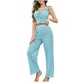 thumbnail image 2 of QUNYINEY Lace Women's Pajamas Set with Bow Sleeveless Blue 2 Piece Tank Tops And Pants Square Neck Ruffle Loungewear Sets Woman, 2 of 7