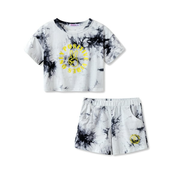 Topgal 100% Cotton Tie Dye Black & White Crop Top & Shorts Clothes Set Outfit for Big Girls Size 6