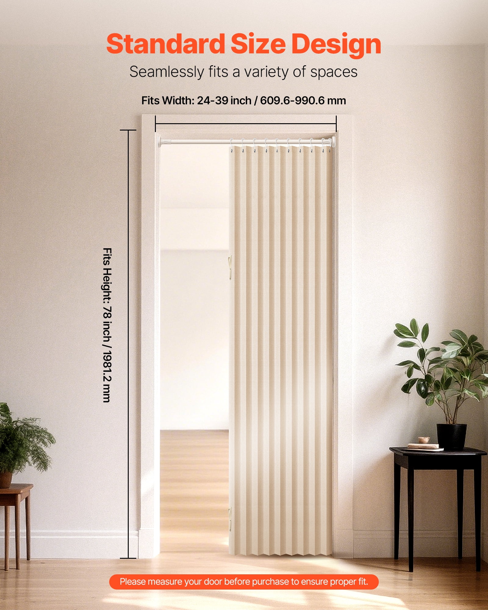 VEVOR Accordion Door, 47 x 78 inch, Blackout Fabric Folding Magnetic Door Curtain, with Hanging Hooks, Interior Room Divider for Doorways, Closets, Bedrooms, Bathrooms, Living Rooms, Beige, 1 Panel