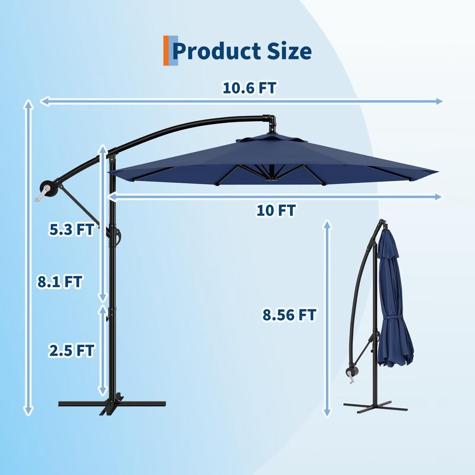 HELLONE 10FT Cantilever Umbrella outdoor patio, Offset Patio Umbrella with Easy Lift & Tilt Adjustment, UV Protection Fade Resistant for Deck, Pool, Garden, Navy Blue