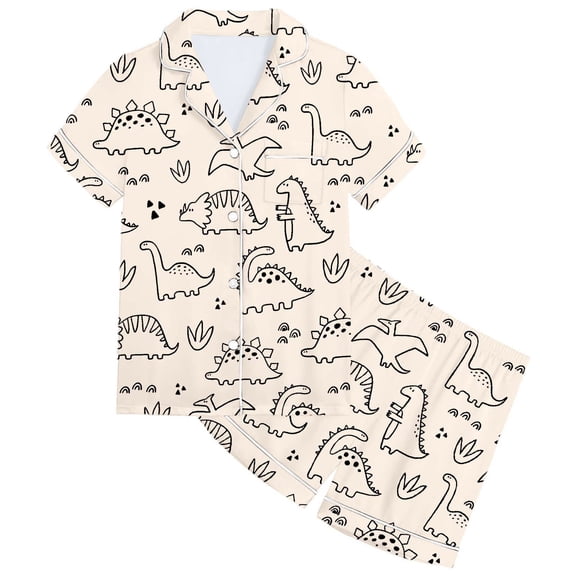 BOOMNY Toddler Girls 2 Peice Pajamas Sets Dinosaur Graphic Short Sleeve Buttons Sleepwear Tops Shorts Pjs Set for Kids Cozy Loungewear Homewear
