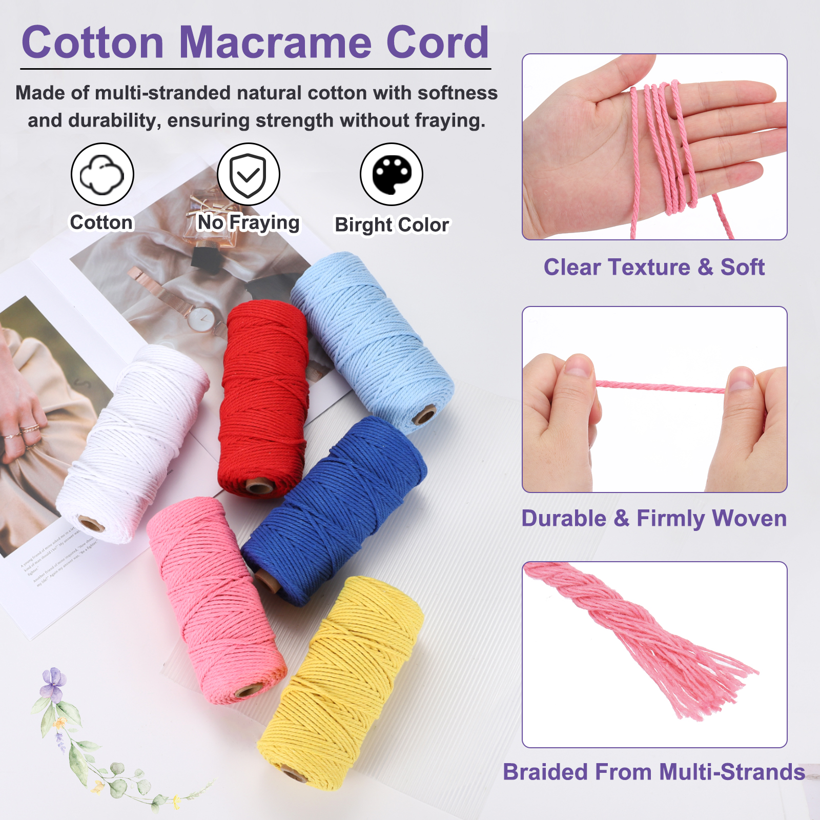 Braided Macrame Cord, 3mm x 109 Yards Natural Cotton Rope Macrame Yarn Bohemia Craft String with Scissors(Dark Pink)