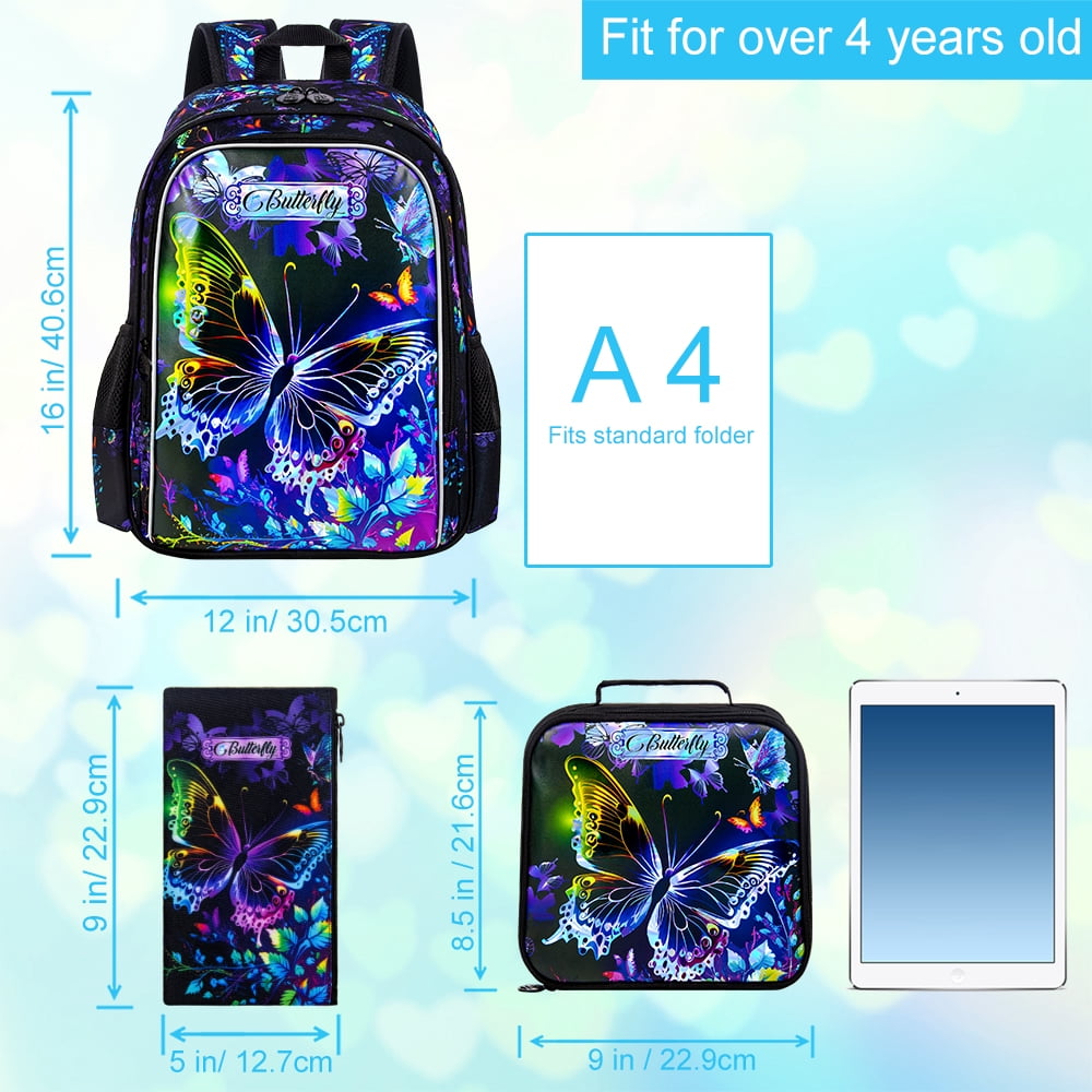 AGSDON 16" Butterfly Backpack for Girls, 3Pcs School Bookbag with Lunch Box, Kids Backpacks Set for Elementary Preschool Kindergarten(Black)