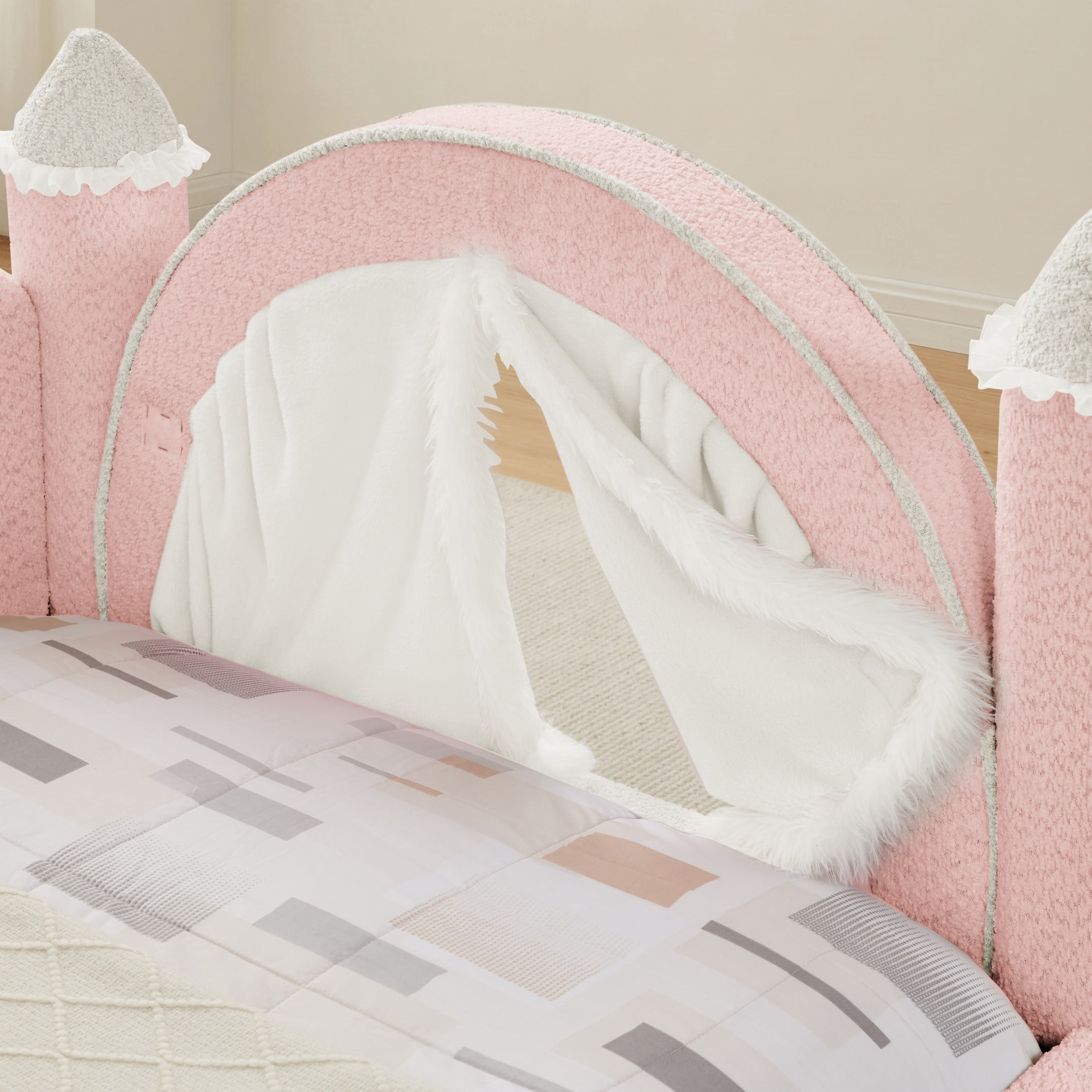 GDF Studio Solley Twin Size Castle Bed with Safety Guardrails, Curtain & Wood Frame, Boucle Upholstered Bed, Pink