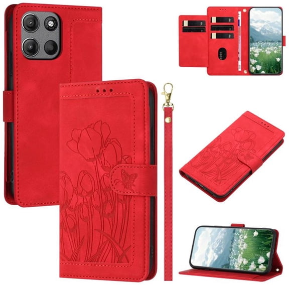 Leather For Motorola Moto G 5G 2025 / 2026 Case Orchids&Butterflies Embossed 5-card Flip Wallet Leather Case With Card Holder Magnetic Closure Phone Cases Cover With Hand Strap,Red