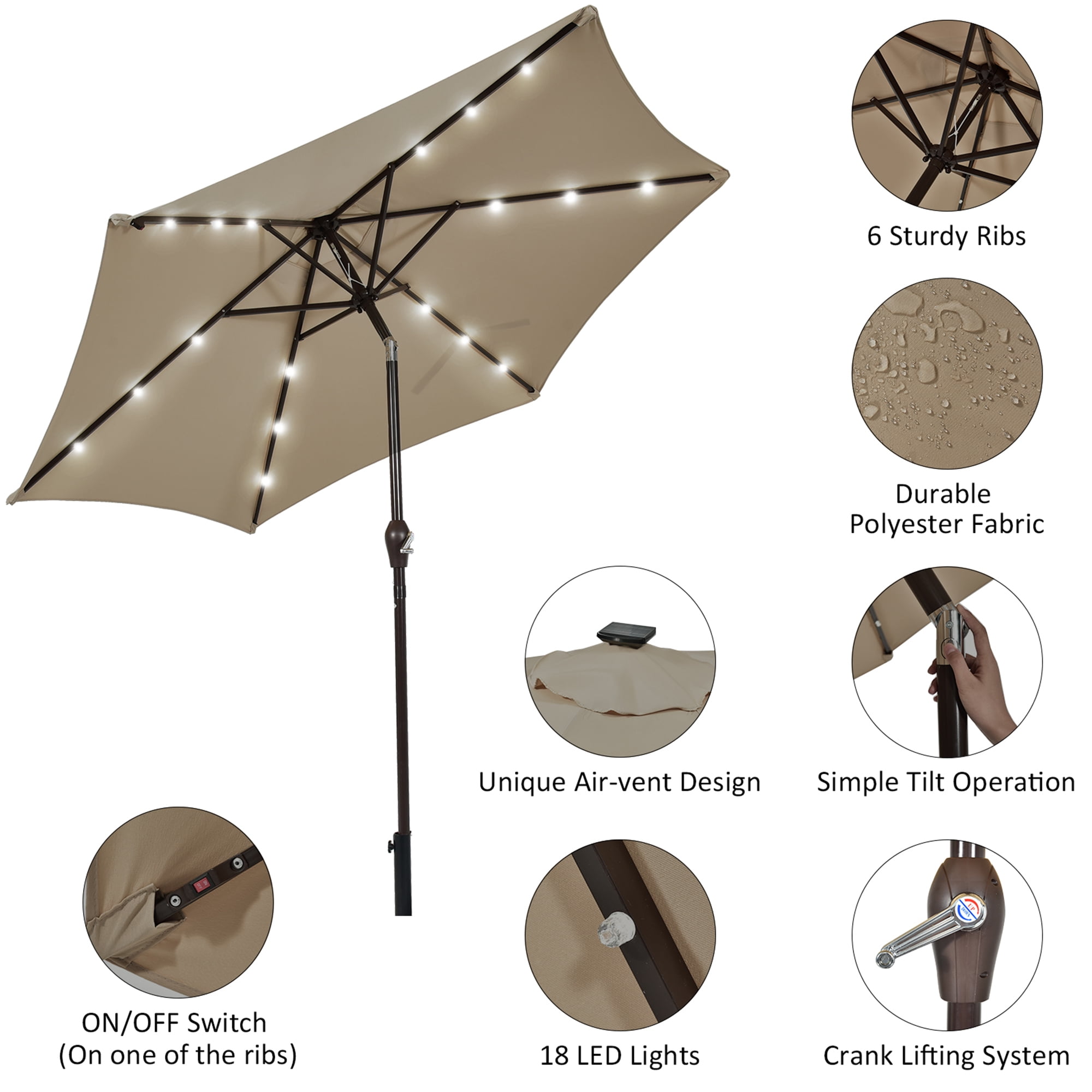 Gymax 9 ft Patio Table Market Umbrella Yard Outdoor w/ Solar LED Lights Tan